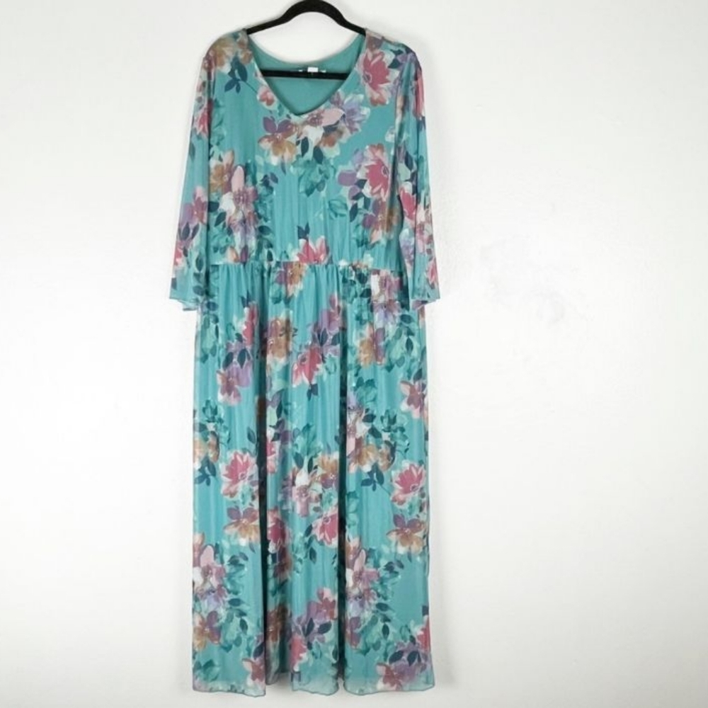 COLDWATER CREEK Botanic Melody Mesh Sleeves Lined Maxi Dress, Size 1X